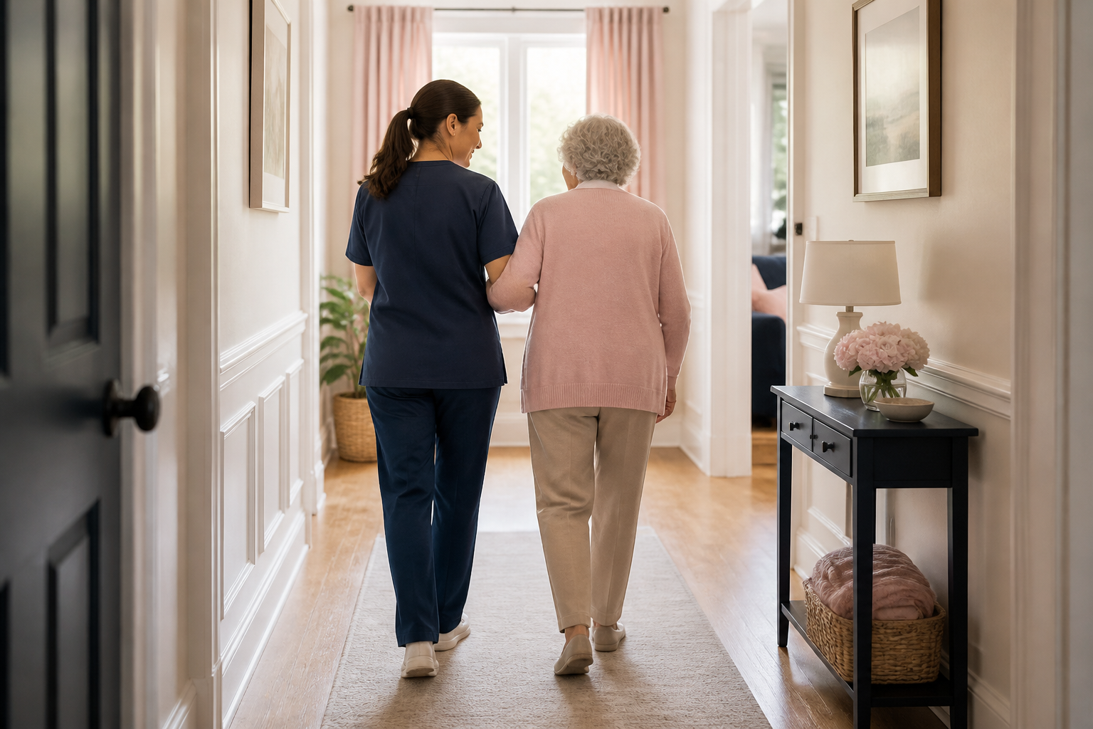 Caregiver walking with an elderly client through their home