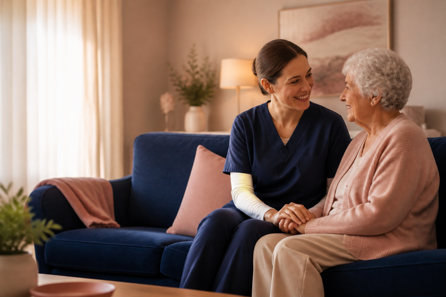 Caregiver and elderly woman sharing a warm moment at home
