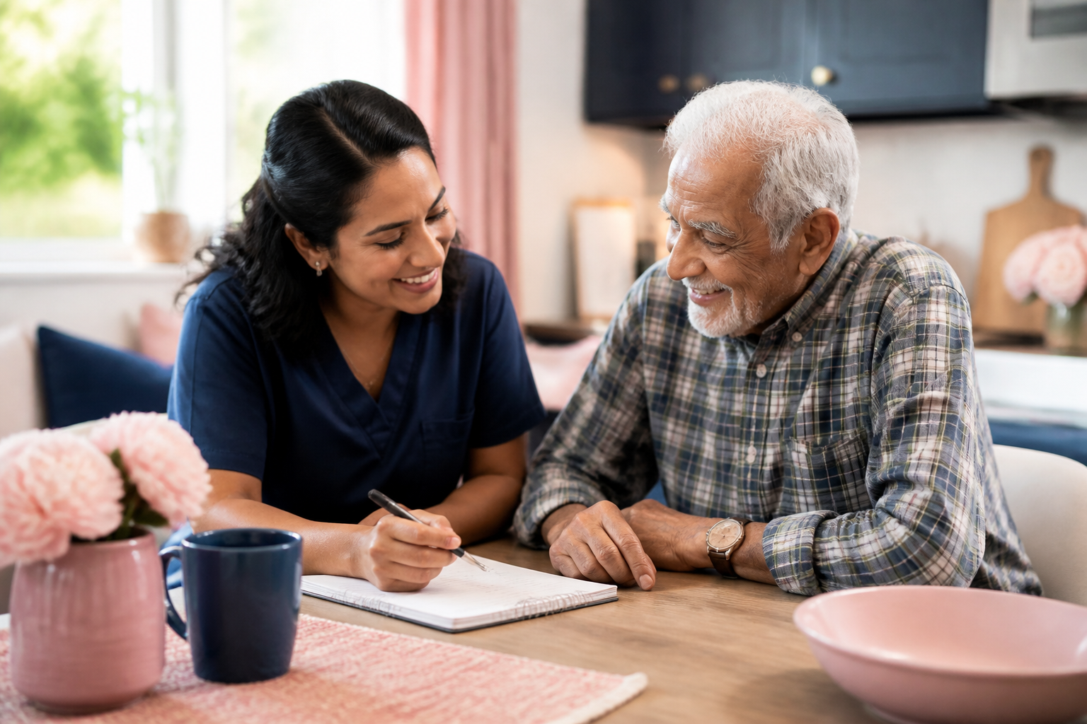 Caregiver and client planning care together at the kitchen table