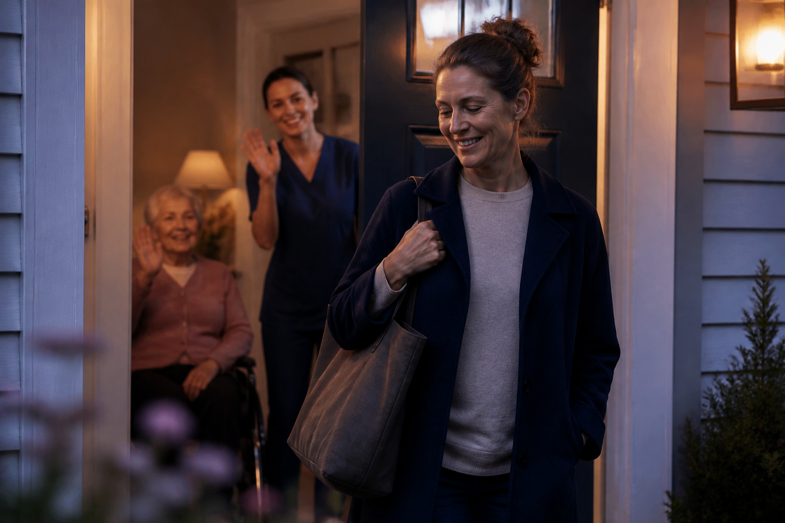 Relieved daughter stepping out while a caregiver looks after her mother at home