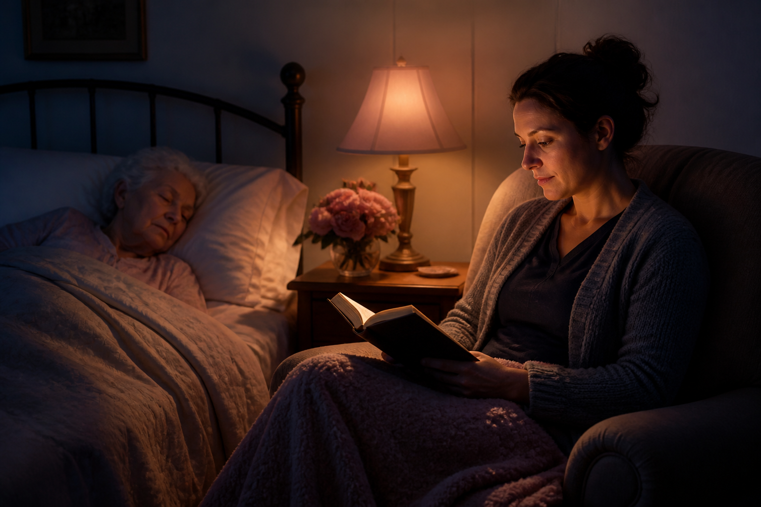 Caregiver keeping a quiet overnight watch beside a sleeping senior woman