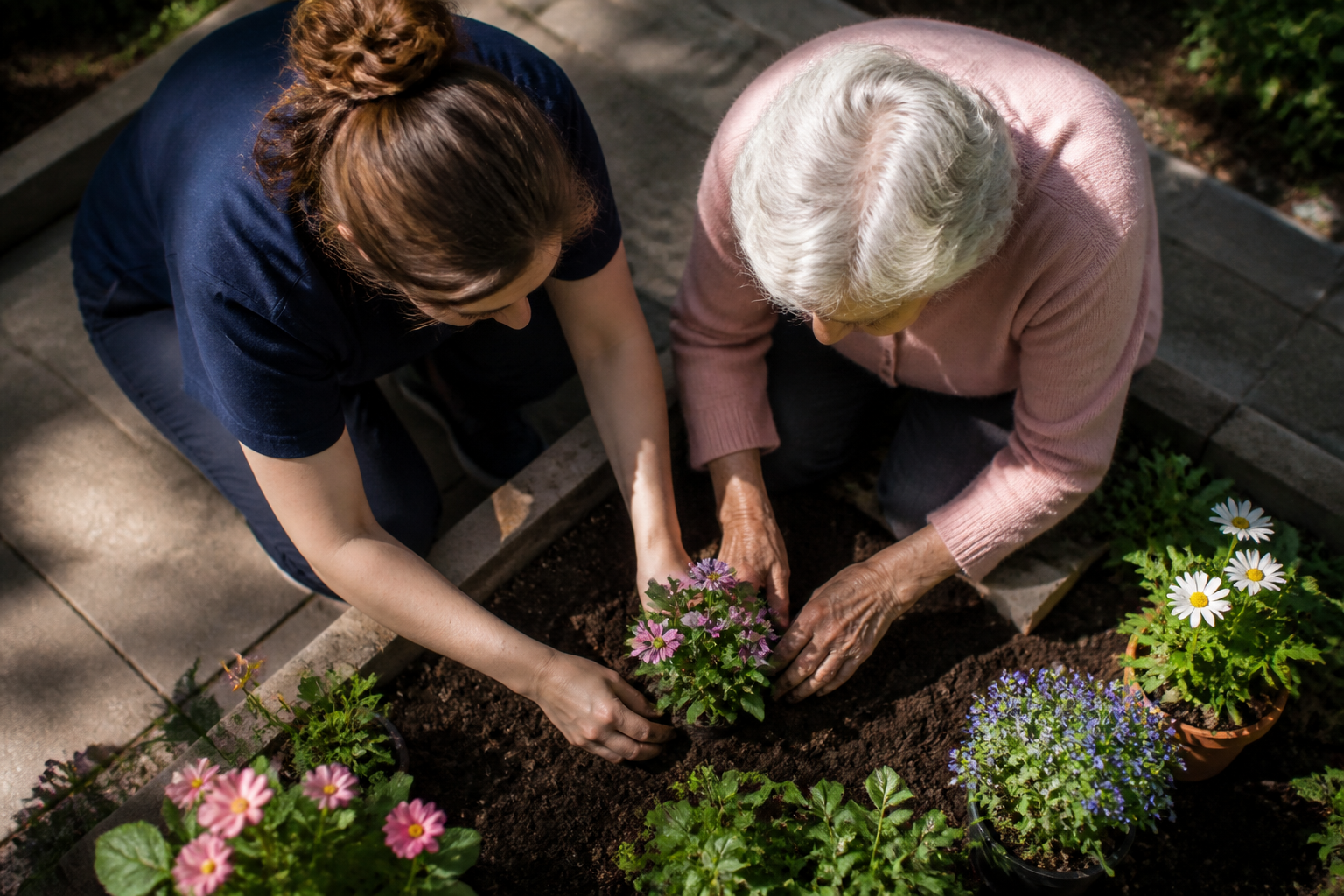 Caregiver and senior woman planting flowers together in a garden bed