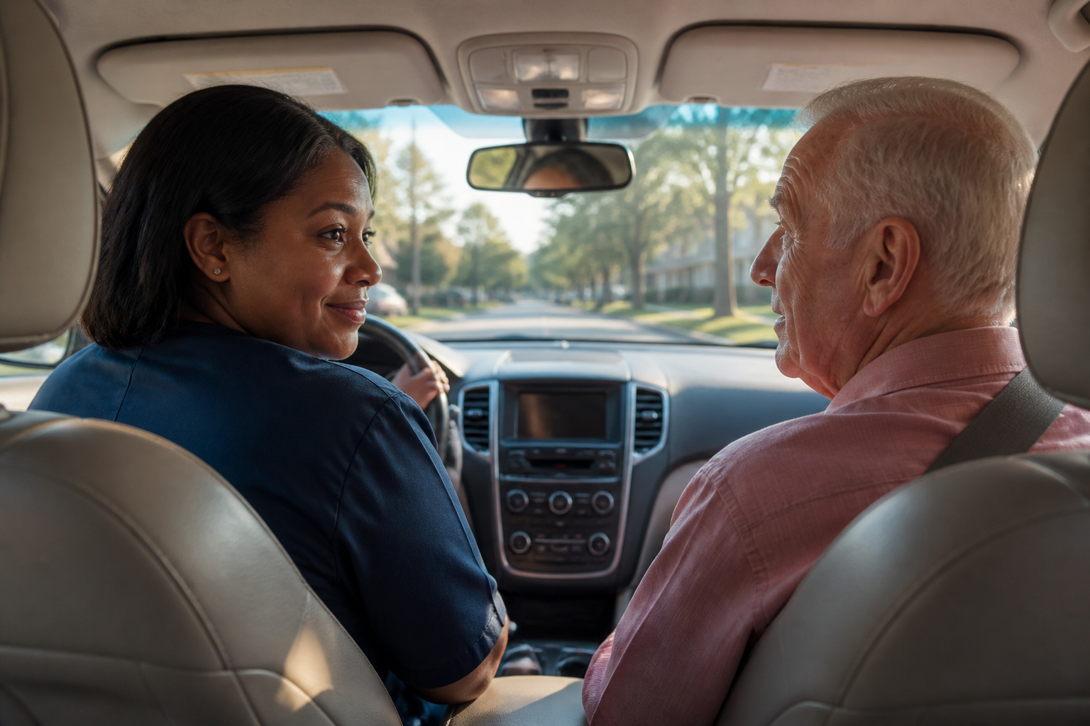 Caregiver driving a senior man safely to an appointment