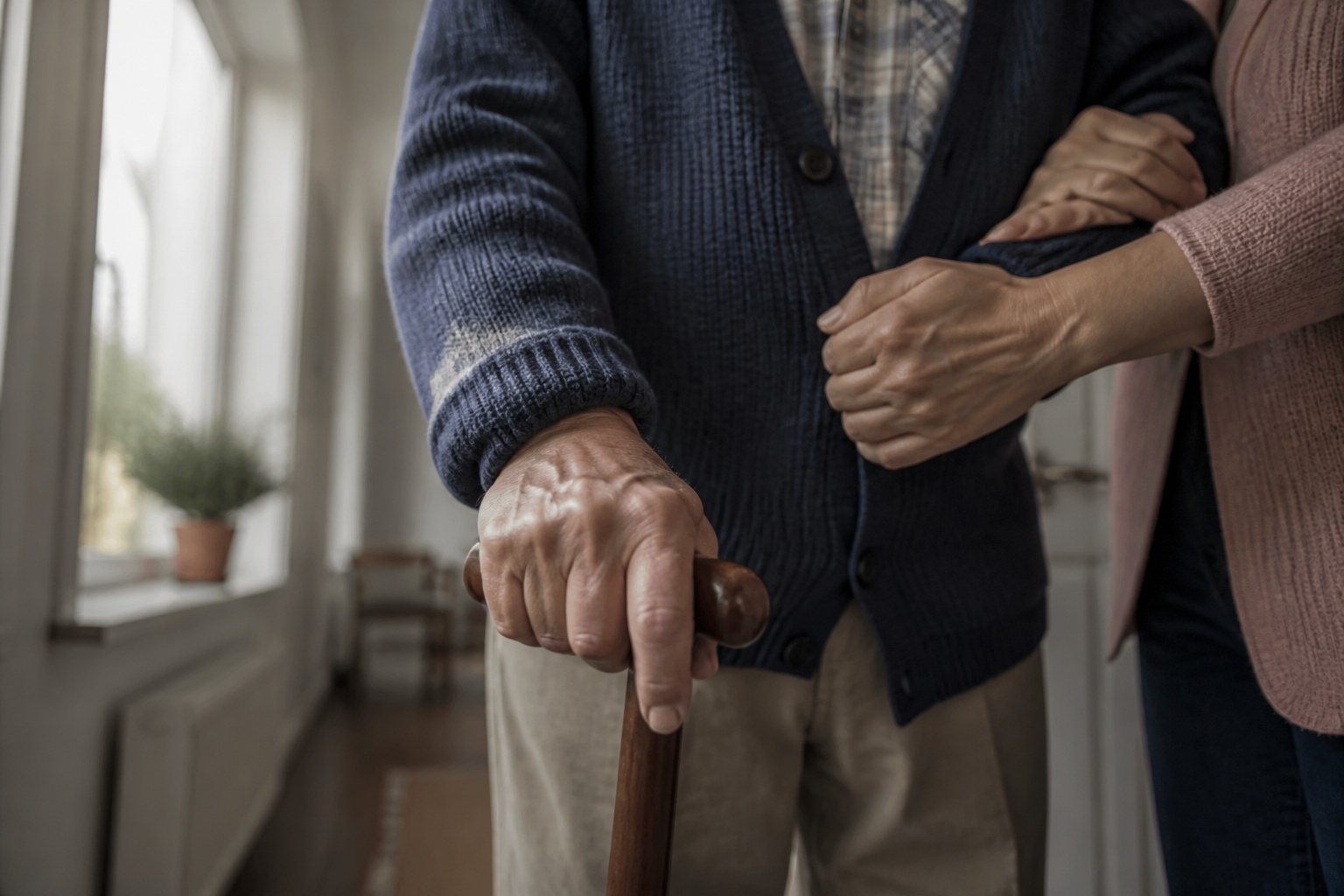 Caregiver gently helping an elderly man walk down a hallway with his cane
