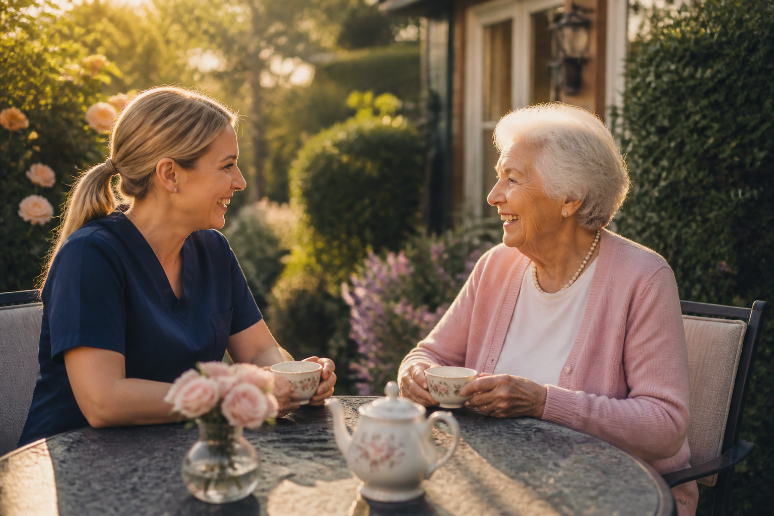 Caregiver sharing tea and conversation with a smiling senior woman on a sunny patio