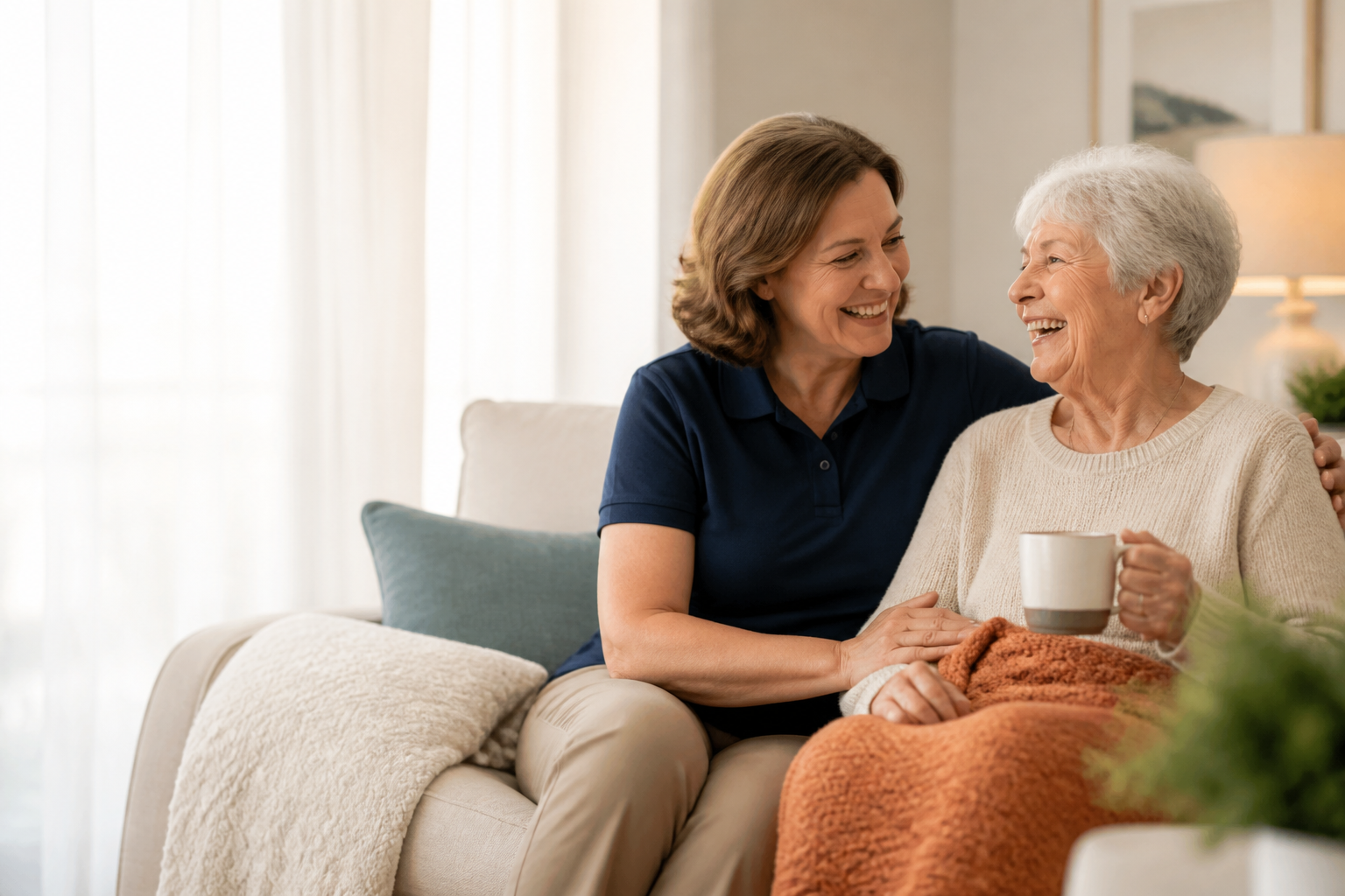 Caregiver sharing a warm moment with a senior client in their Charlotte home